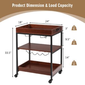 COSTWAY Kitchen Rolling Island Cart, 3-Tier Rolling Bar Serving Cart with Wine Rack & Glass Holders, Industrial Baker’s Rack on Wheels, Convenient Handle, Brown