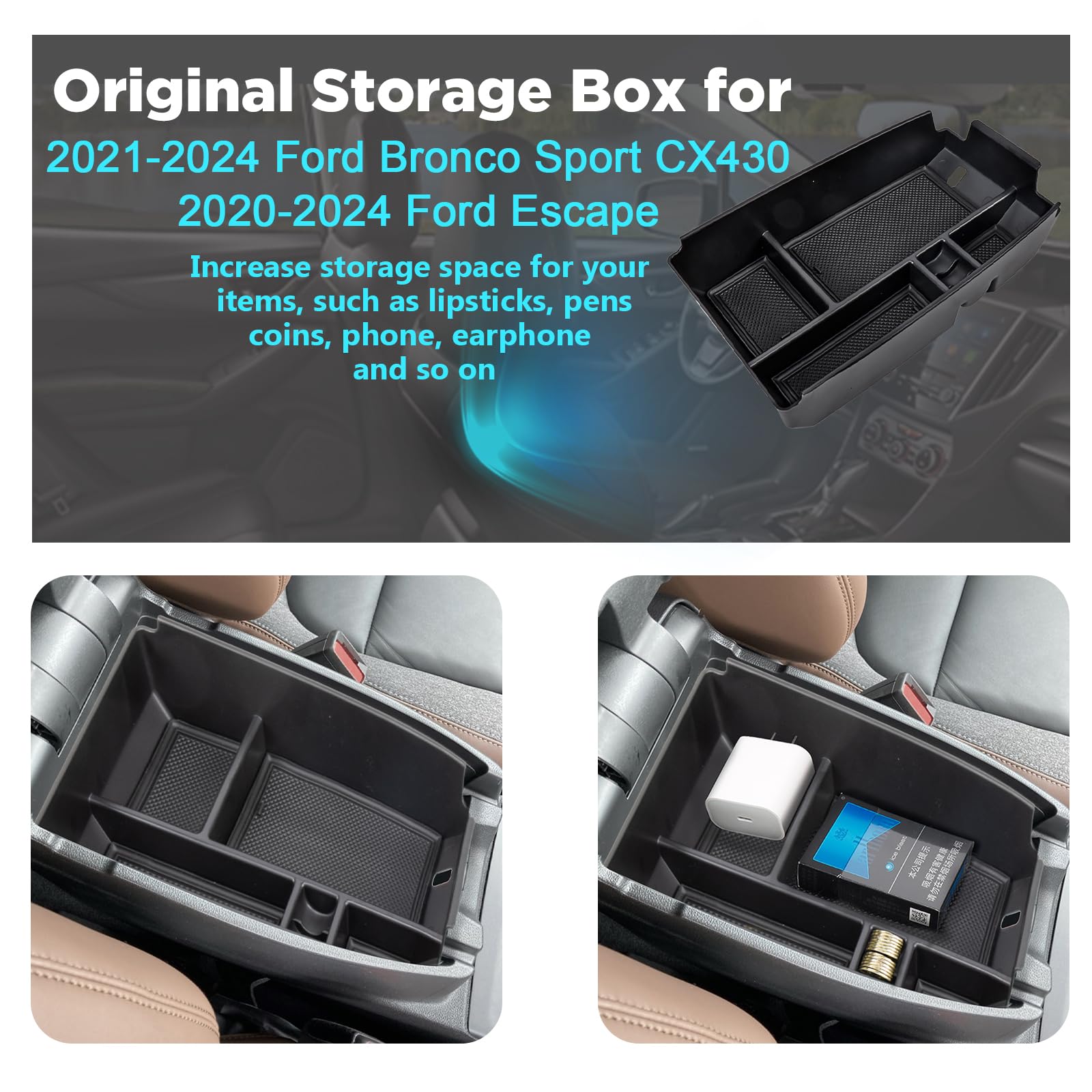 Carwiner Center Console Organizer for 2021-2025 Ford Bronco Sport CX430 2020-2025 Ford Escape Tray Storage Box Armrest Interior Accessories