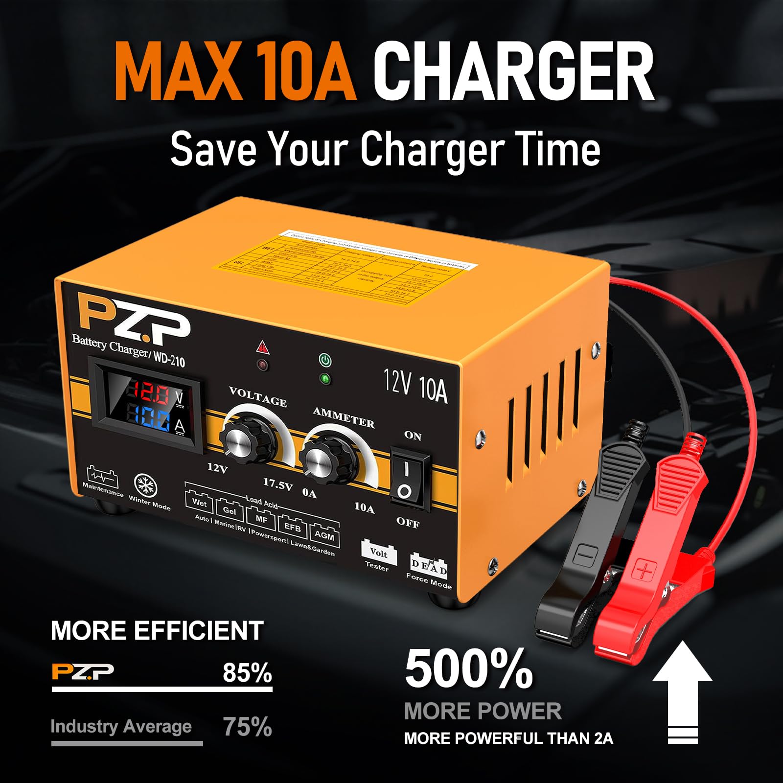 PZP 12V Manual Battery Charger Maintainer, 0 to 10A Arbitrarily Adjustable Car Battery Trickle Charger, Battery Desulfator with Repair, Winter Mode, Suitable for Lawn Mower, AGM, Deep Cycle Batteries