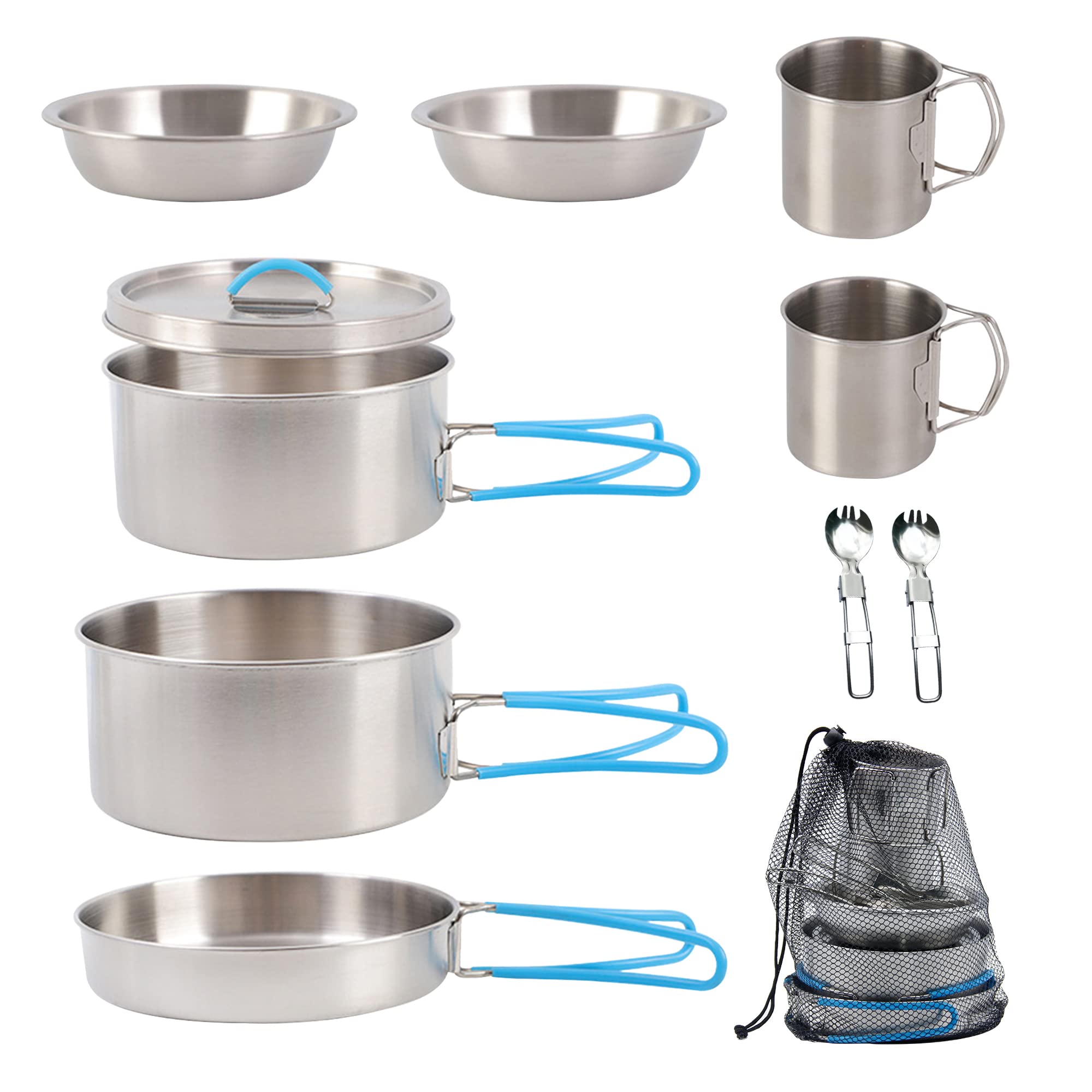 BEFOY Stainless Steel 10Pcs Camping Cookware Mess Kit Cooking Set Backpacking Gear Lightweight Pots and Pans Set with Folding Knife Fork for Outdoor Camping Hiking Picnic