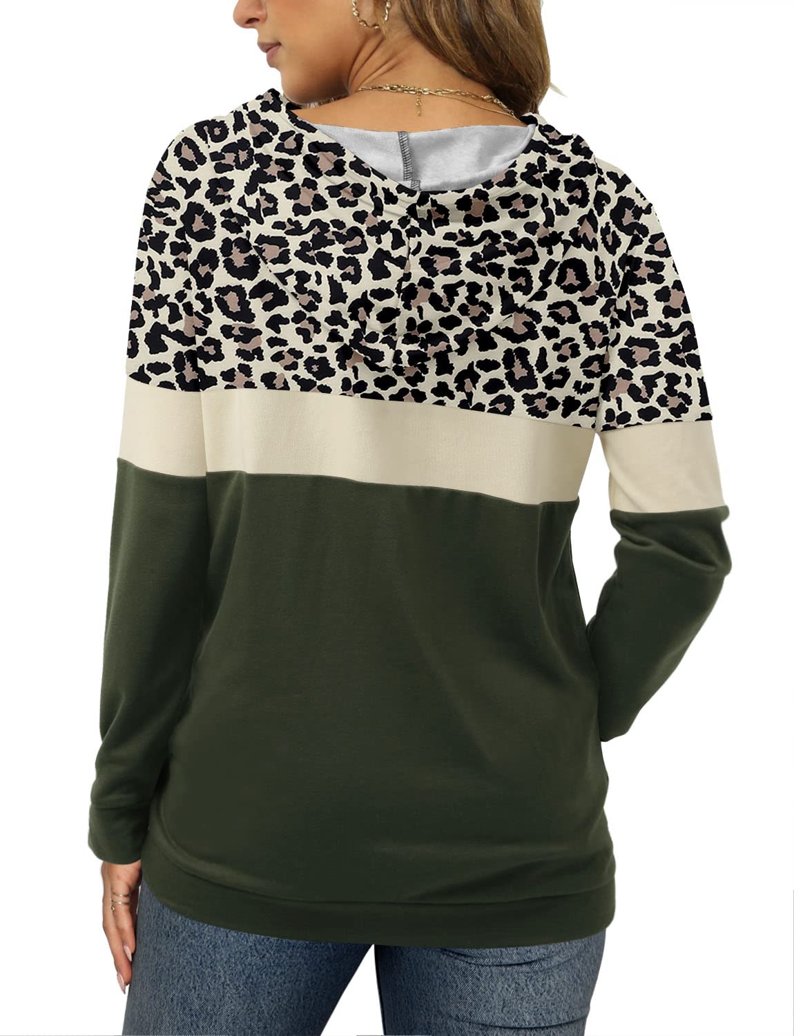 Leopard Print Hoodies for Women Long Sleeve Cheetah Shirts Color Block Fall Tops Drawstring Pullover Sweatshirt L