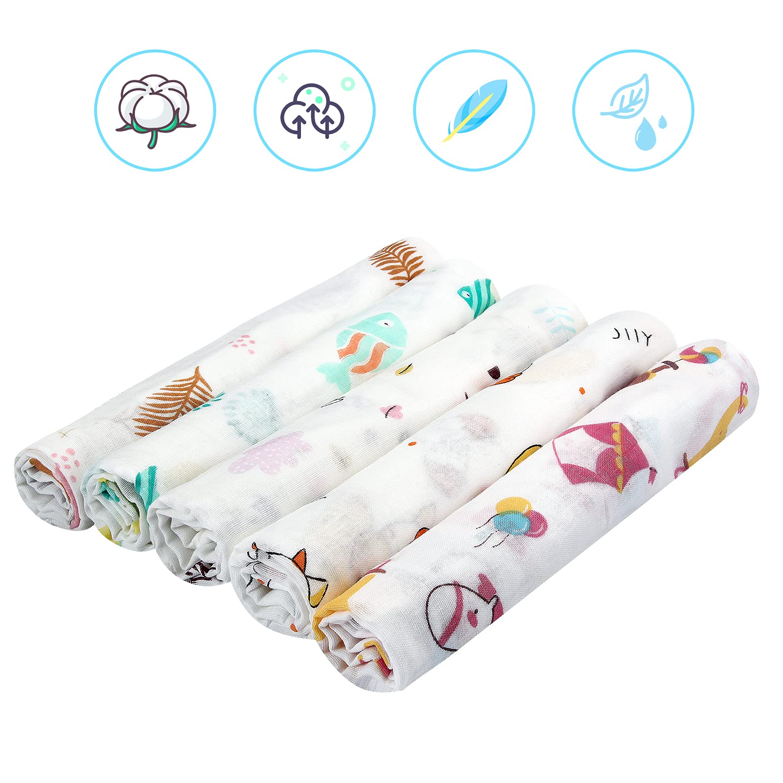 Koo-dib Muslin Baby Receiving Wrap Swaddle Blanket, Baby Swaddlers Blankets 0-3 Months Muslin Receiving Swaddle Blankets Neutral, Set of 5 30x30 Inches