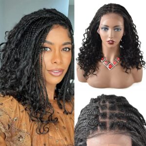 Curve Hair Curly Braided Swiss Lace Front Wigs for Women with Baby Hair Hand Made Crochet Hair Curly Ends Box Braided Wig Heat Friendly Kanekalon Synthetic 18Inches (LL602483C, 1B Black)