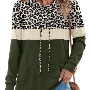 Leopard Print Hoodies for Women Long Sleeve Cheetah Shirts Color Block Fall Tops Drawstring Pullover Sweatshirt L