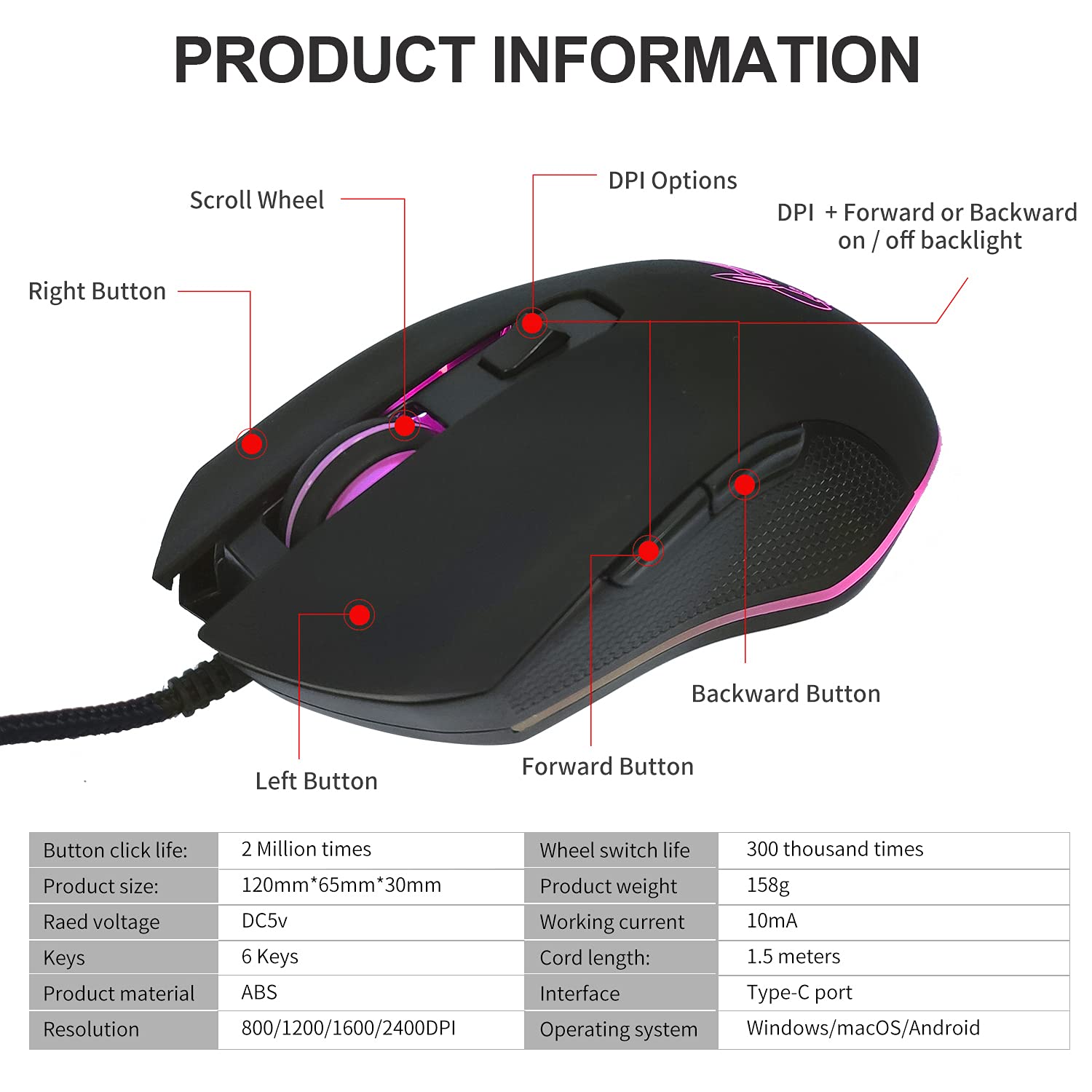 Huifen Wired USB C Gaming Mouse, Silent RGB Gaming Mice 7 Colors Backlit, 2400 DPI, Type C RGB Wired Mouse Gaming for Office Home PC and Notebook and All Type-C Device (Black)