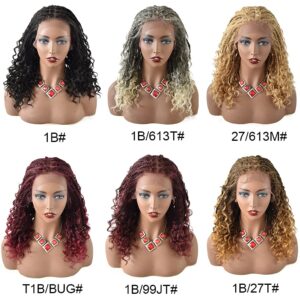 Curve Hair Curly Braided Swiss Lace Front Wigs for Women with Baby Hair Hand Made Crochet Hair Curly Ends Box Braided Wig Heat Friendly Kanekalon Synthetic 18Inches (LL602483C, 1B Black)