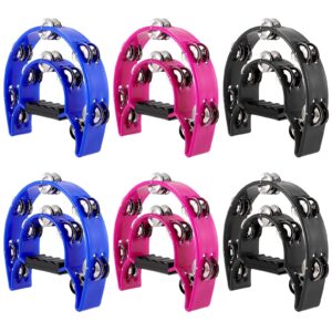 kohand 6 packs 9 inch half moon tambourine, double row tambourine, handheld tambourine with ergonomic handle, plastic musical percussion tambourines, black, blue, magenta