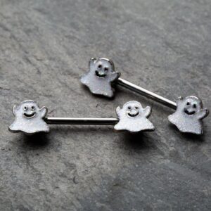 Pierced Owl 14GA 316L Stainless Steel Happy Little Ghost Ends Nipple Barbells, Sold as a Pair (Silver Tone)