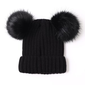 Roniky Womens Winter Hat Cable Knit Silk Satin Lined Beanie for Women Girls Double Faux Fur Pom Pom Ears Black