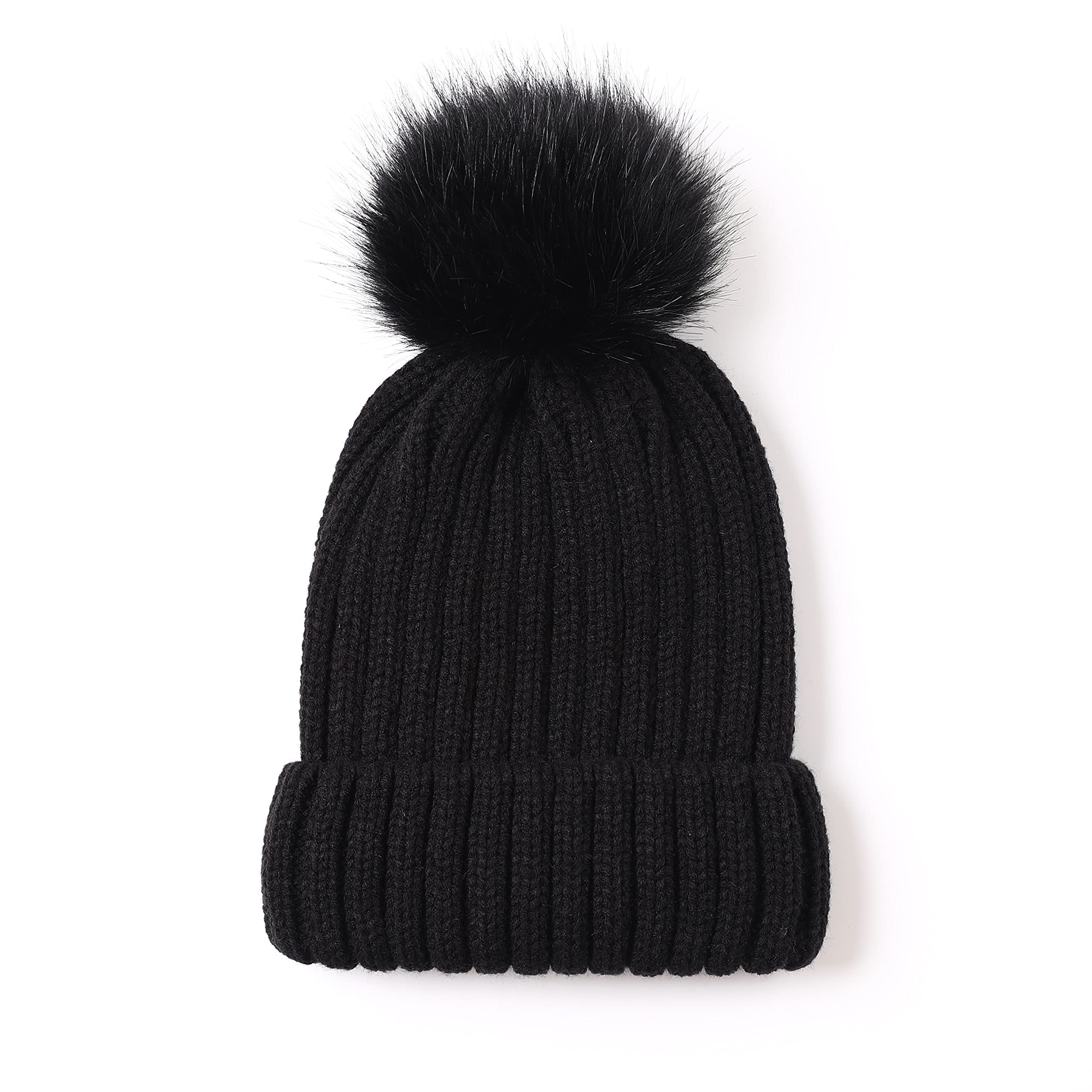 Roniky Womens Winter Beanie Hat, Silk Satin Lined Faux Fur Pom Pom Beanies Hat for Women Girls Warm Winter Knit Hats Black