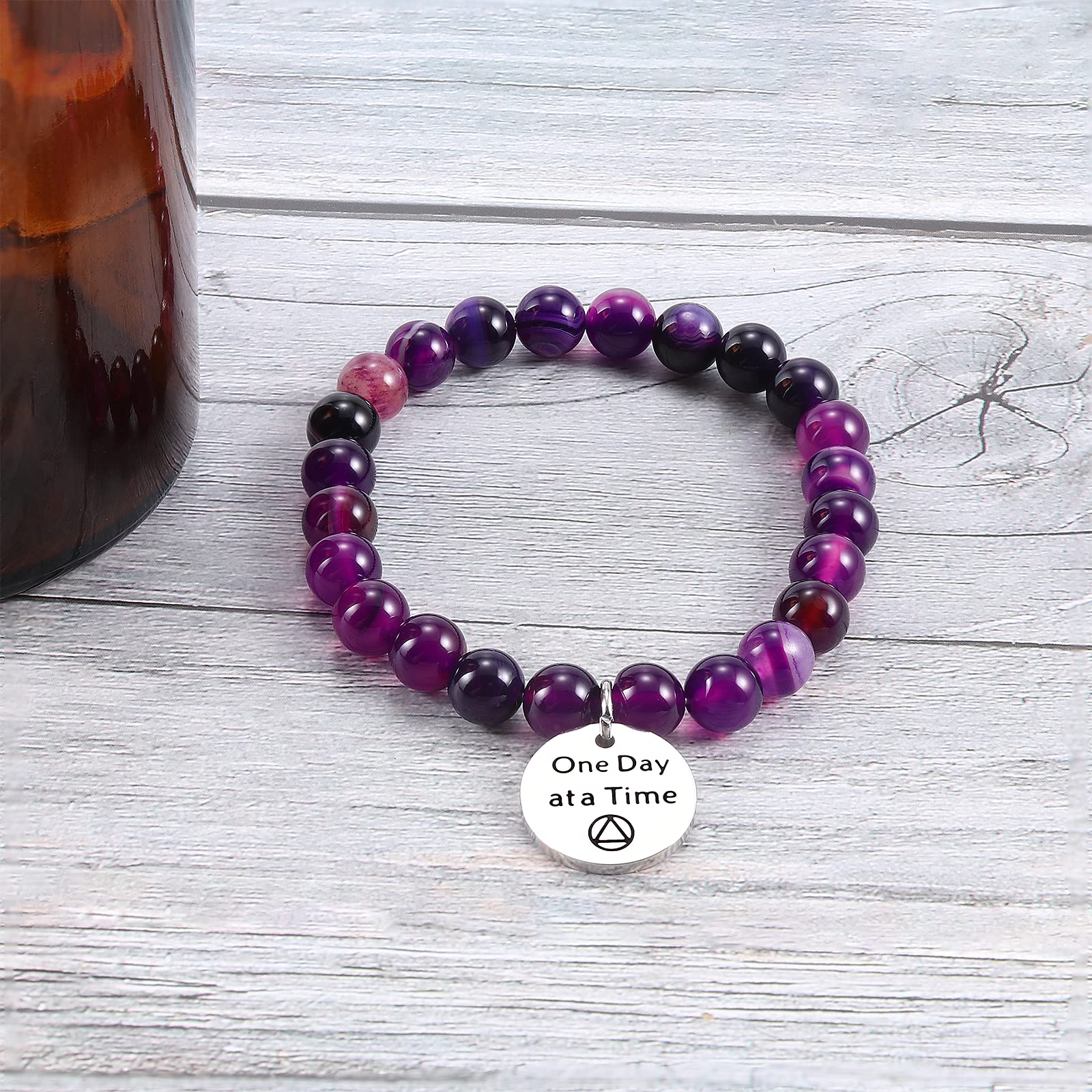 Haoze Sobriety Gifts for Men Women One Day At A Time Sobriety Bracelet Amethyst Tiger Eye Protection Bracelet AA Alcoholics Anonymous Jewelry Addiction Recovery Gift (AA-Amethyst)