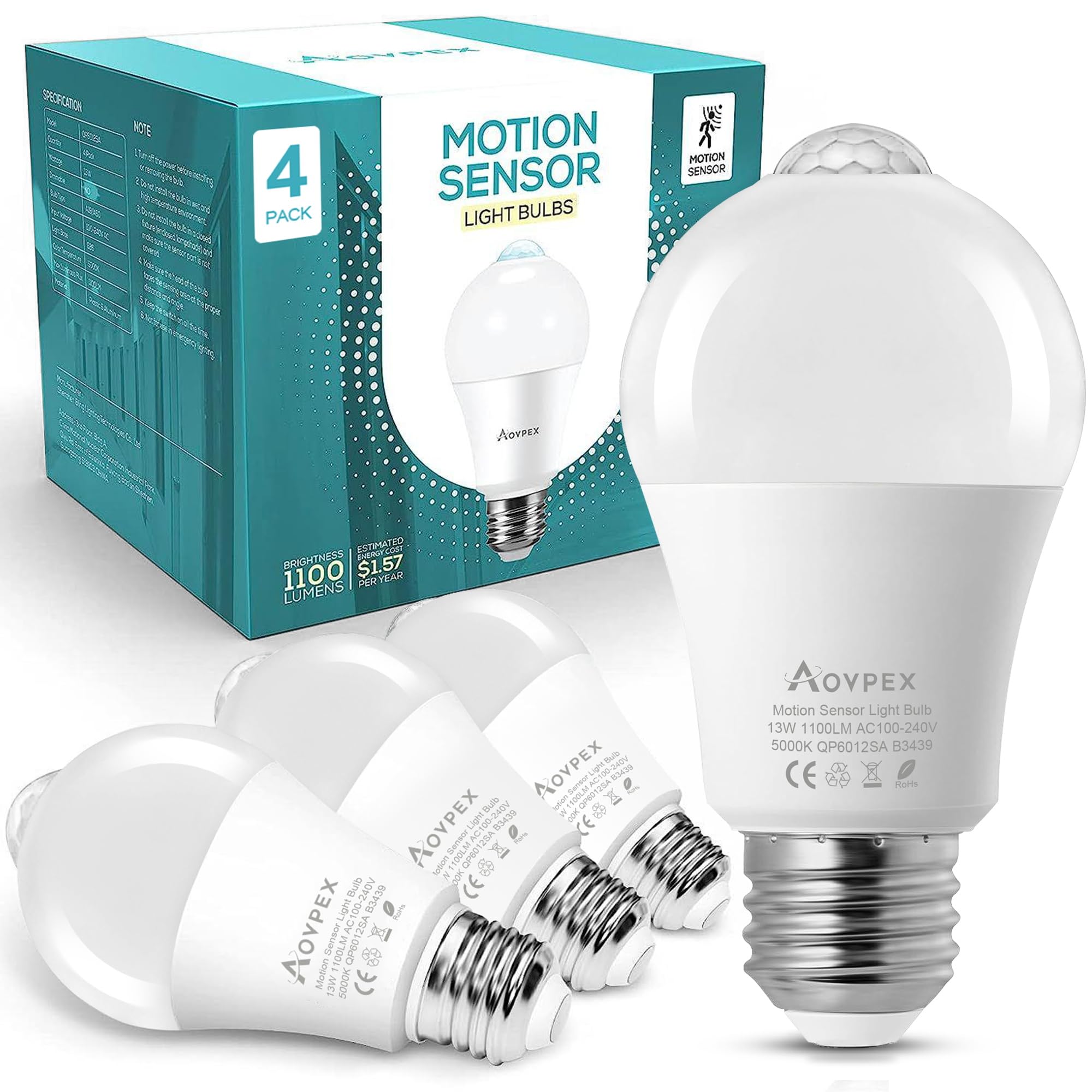 Aovpex Motion Sensor Light Bulbs, 13W(100W Equivalent) Movement Activated Dusk to Dawn Sensor LED Bulb, A19 E26 5000K Cool White Security Bulbs Outdoor Indoor, for Porch Garage Basement Hallway 4 Pack