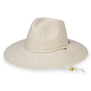 wallaroo hat company women’s sanibel fedora – packable wide brim sun hat with chin strap – upf 50+ sun protection (white/beige)