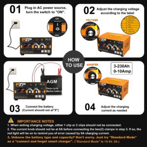 PZP 12V Manual Battery Charger Maintainer, 0 to 10A Arbitrarily Adjustable Car Battery Trickle Charger, Battery Desulfator with Repair, Winter Mode, Suitable for Lawn Mower, AGM, Deep Cycle Batteries