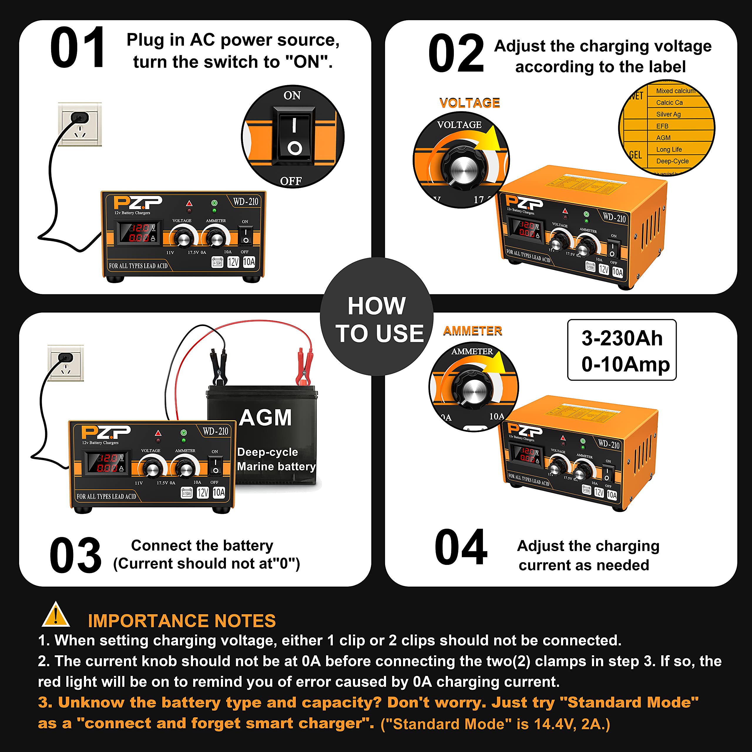 PZP 12V Manual Battery Charger Maintainer, 0 to 10A Arbitrarily Adjustable Car Battery Trickle Charger, Battery Desulfator with Repair, Winter Mode, Suitable for Lawn Mower, AGM, Deep Cycle Batteries