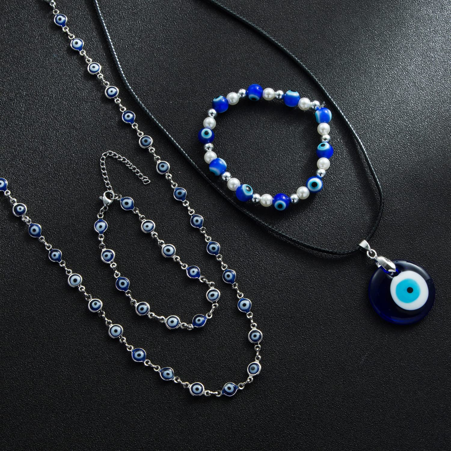 JDXN 4PCS Evil Eye Blue Glass Eye pendant Necklace Evil Eye Ring Set Plated Eye Rings Colorful Evil Eye Finger Ring For Women Girls (bule/Gold/Silver /4PCS)