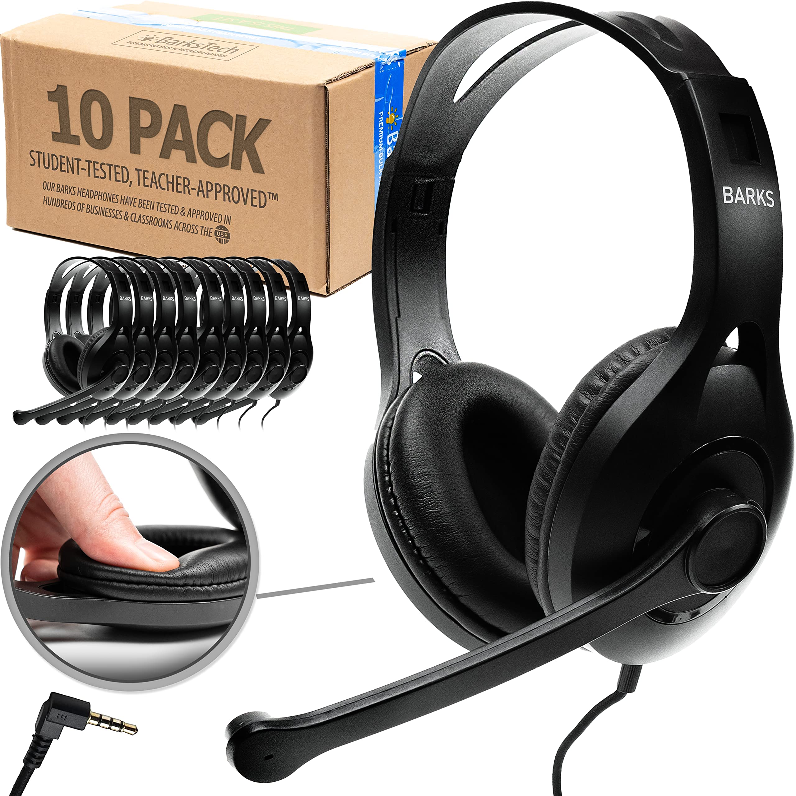 Barks Classroom Headphones With Microphone (10 Pack) - On-Ear Bulk Headphones With Microphone: Best for Students K-12 Schools (Rotating Boom Mic, Good Recording Quality, Durable Design, Easy-to-Clean)