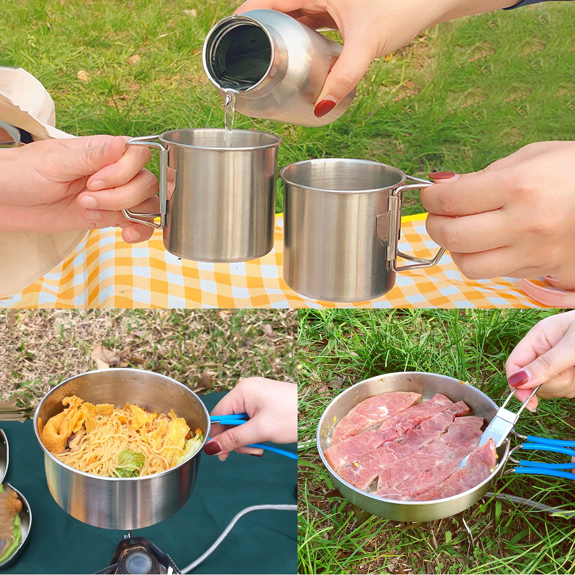 BEFOY Stainless Steel 10Pcs Camping Cookware Mess Kit Cooking Set Backpacking Gear Lightweight Pots and Pans Set with Folding Knife Fork for Outdoor Camping Hiking Picnic