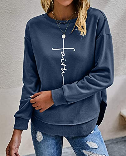 Womens Casual Funny Faith Spirituality Graphic Crewneck Sweatshirt Long Sleeve Loose Pullover Tops Shirts (Navy,Medium,US,Alpha,Medium)