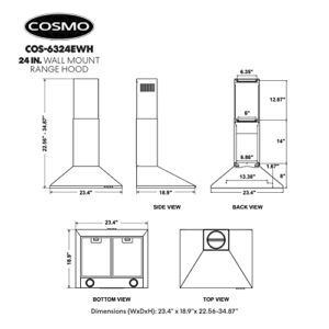 COSMO COS-6324EWH Wall Mount Range Hood, Chimney-Style Over Stove Vent, 3 Speed Fan, Permanent Filters, LED Lights in Stainless Steel (24 inch)