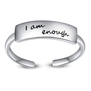 KINGWHYTE I Am Enough Ring S925 Sterling Silver Open Ring Adjustable Band Rings Inspirational Rings Birthday Graduation Jewelry Gifts for Women