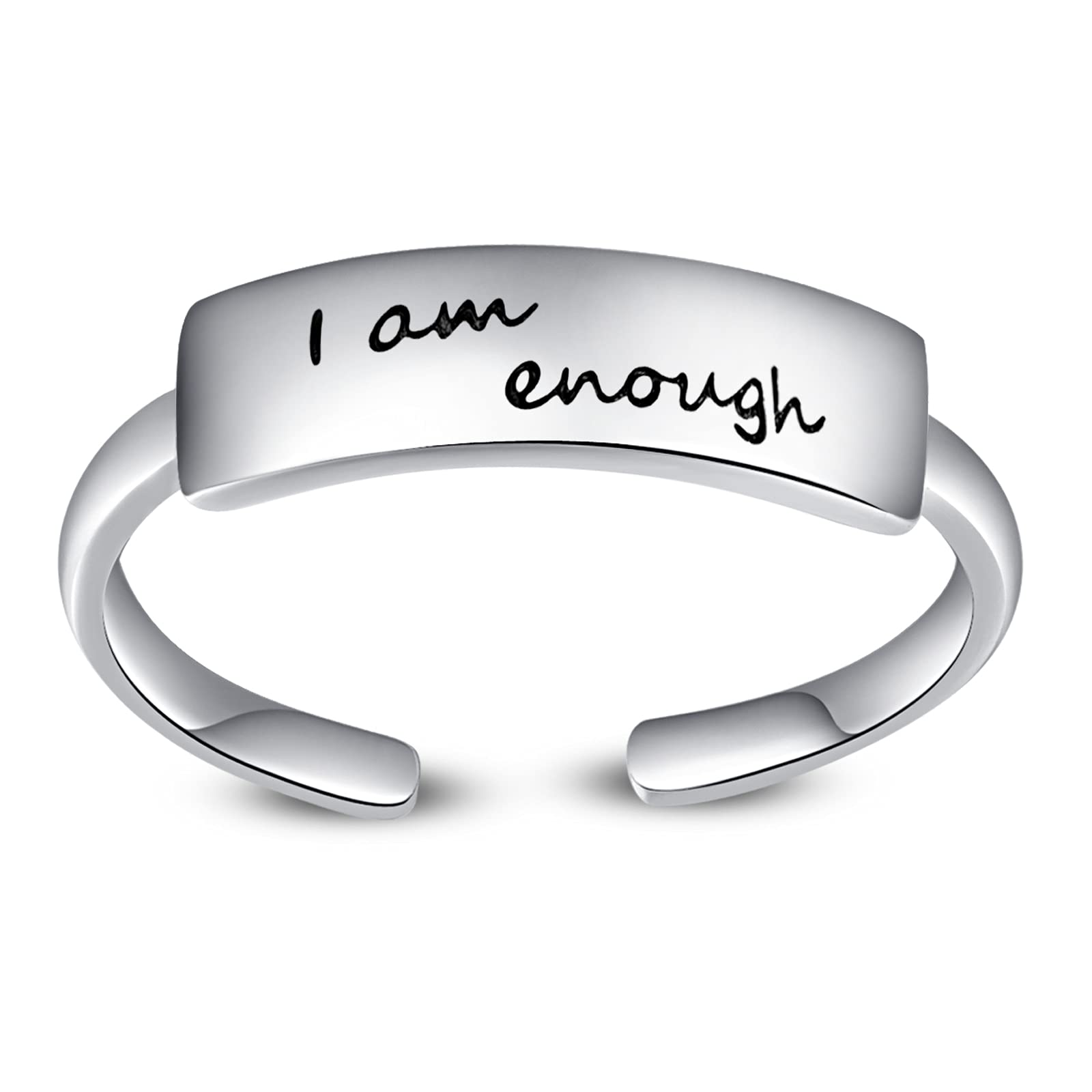 KINGWHYTE I Am Enough Ring S925 Sterling Silver Open Ring Adjustable Band Rings Inspirational Rings Birthday Graduation Jewelry Gifts for Women