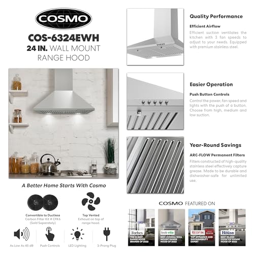 COSMO COS-6324EWH Wall Mount Range Hood, Chimney-Style Over Stove Vent, 3 Speed Fan, Permanent Filters, LED Lights in Stainless Steel (24 inch)