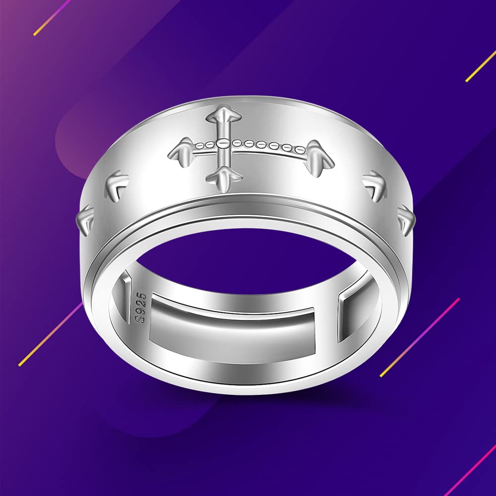 Talonior Fidget Cross Rosary Spinner Ring Sterling Silver Anxiety Ring with Beads for Women Praying Christian Religious Catholic Engagement Promise Band Rings Worry Size 9