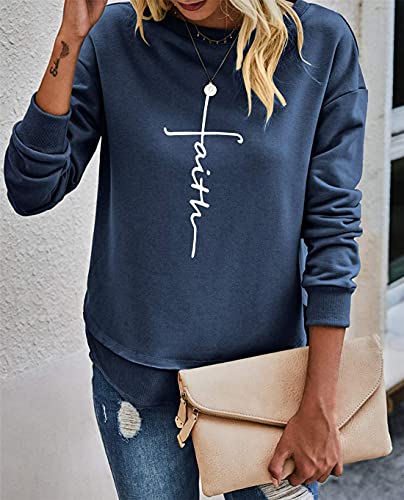 Womens Casual Funny Faith Spirituality Graphic Crewneck Sweatshirt Long Sleeve Loose Pullover Tops Shirts (Navy,Medium,US,Alpha,Medium)