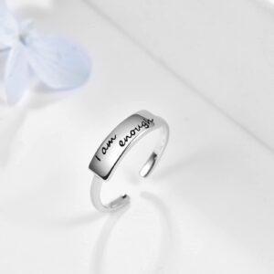 KINGWHYTE I Am Enough Ring S925 Sterling Silver Open Ring Adjustable Band Rings Inspirational Rings Birthday Graduation Jewelry Gifts for Women