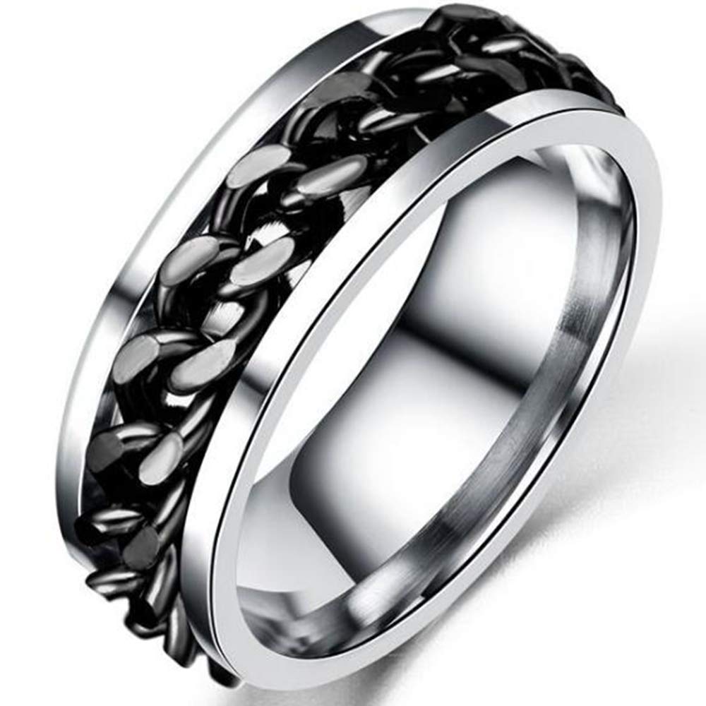 8mm Stainless Steel Chain Inlay Rotating Spin Wedding Band Biker Ring (Black, 5)