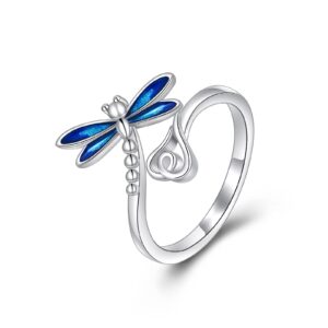 TIGER RIDER Dragonfly 925 Sterling Silver Ring for Women, Exquisite Adjustable Women's Jewelry Ring Beautiful Fashionable Ring for Women’s Day Gifts, Size 7