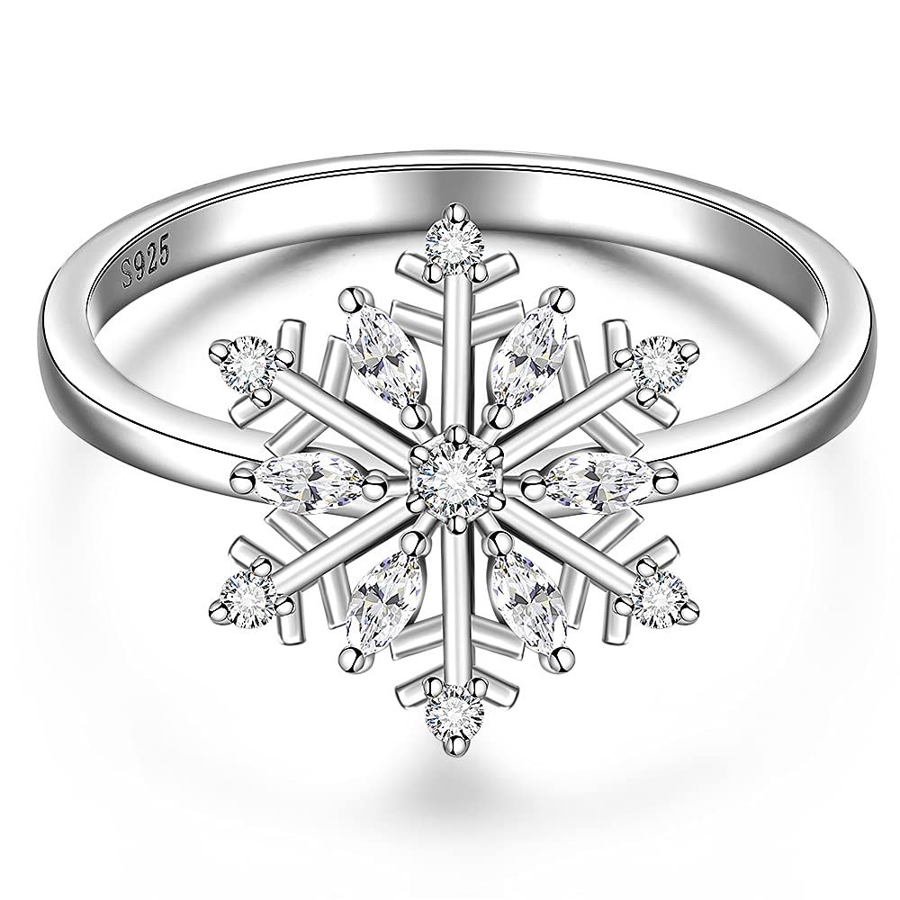 Christmas Rings Snowflake Rings Sterling Silver Cute Dainty White Zirconia Dirthstone Crystal Gift Wedding for Women Love Rings Size 7