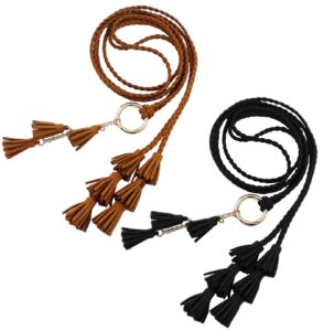 2 pack women girls pu leather waist belt chain skinny rope with double tassel for dress skirt (1pc black+1pc camel)