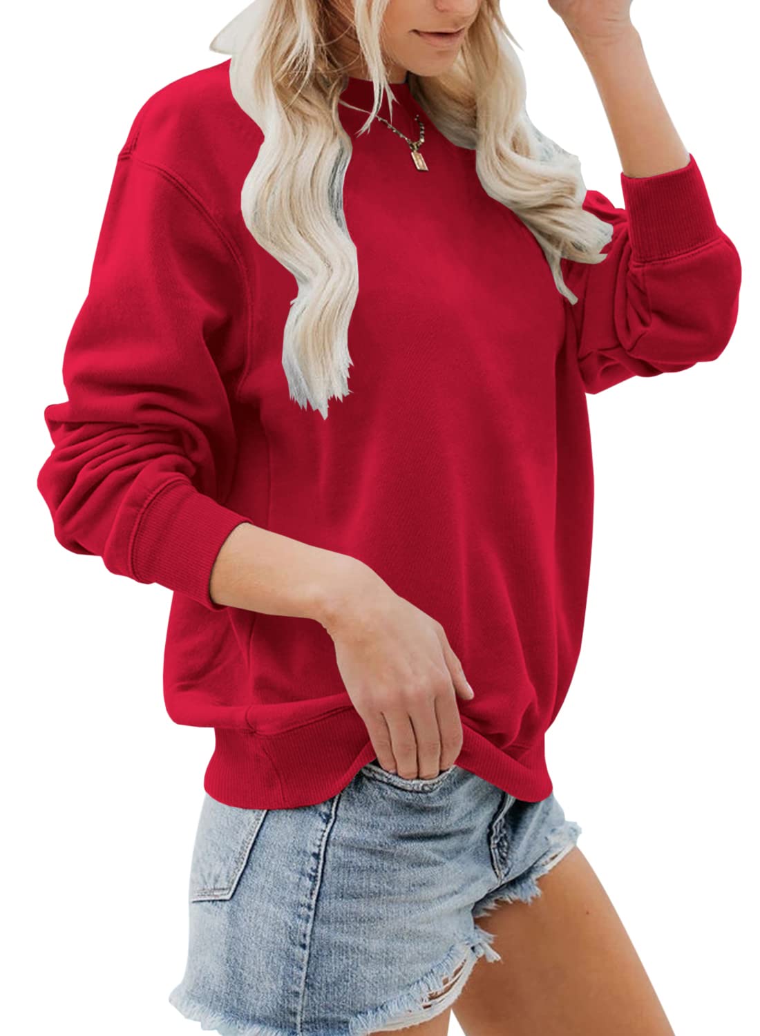 Womens Casual Crewneck Sweatshirts Long Sleeve Loose Fit Soft Pullover Tops Red