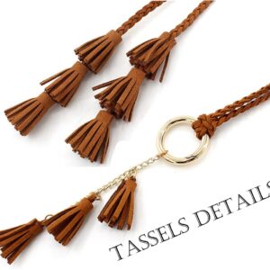 2 Pack Women Girls PU Leather Waist Belt Chain Skinny Rope with Double Tassel for Dress Skirt (1pc Black+1pc Camel)