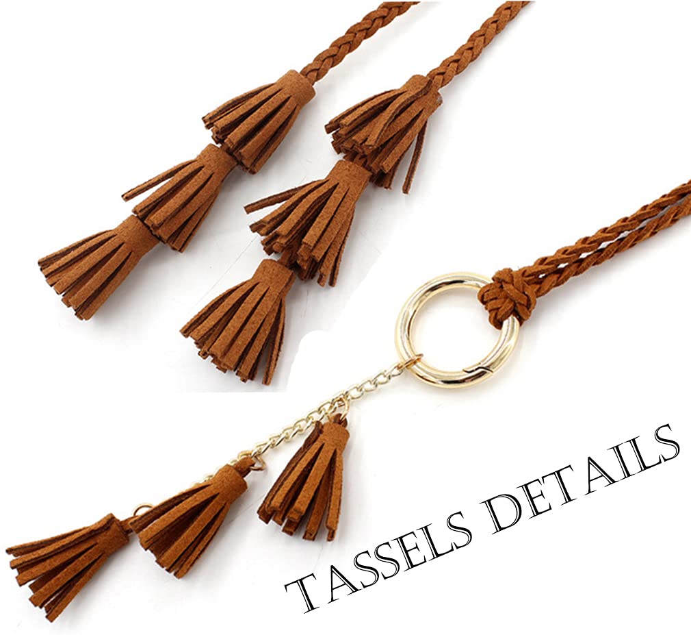 2 Pack Women Girls PU Leather Waist Belt Chain Skinny Rope with Double Tassel for Dress Skirt (1pc Black+1pc Camel)