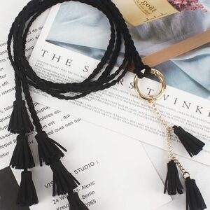 2 Pack Women Girls PU Leather Waist Belt Chain Skinny Rope with Double Tassel for Dress Skirt (1pc Black+1pc Camel)