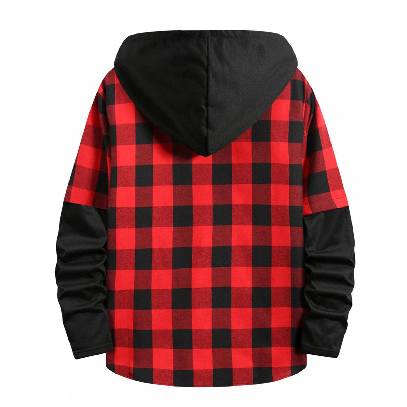 WUAI-Men Plaid Flannel Hoodie Jacket Long Sleeve Casual Button Up Quilted Buffalo Thermal Sweatshirt Fall Winter Outwear(Red,Small)