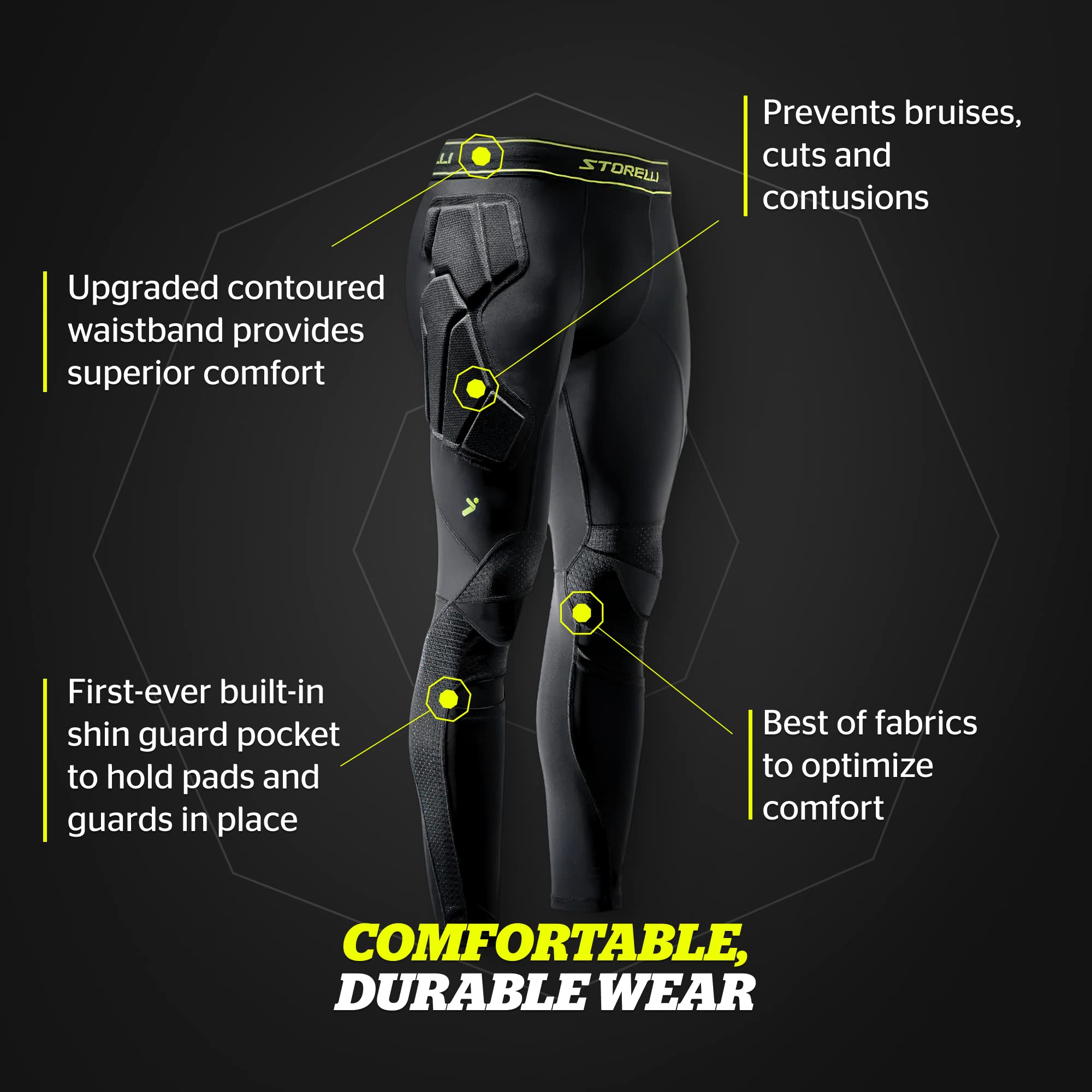 Storelli BodyShield Goalkeeper Leggings 3, High-Impact Protection, Sweat-Wicking, UV-Resistant Athletic Bottoms for Soccer & Heavy-Duty Sports | Black | Extra Large