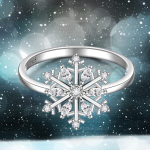 Christmas Rings Snowflake Rings Sterling Silver Cute Dainty White Zirconia Dirthstone Crystal Gift Wedding for Women Love Rings Size 7