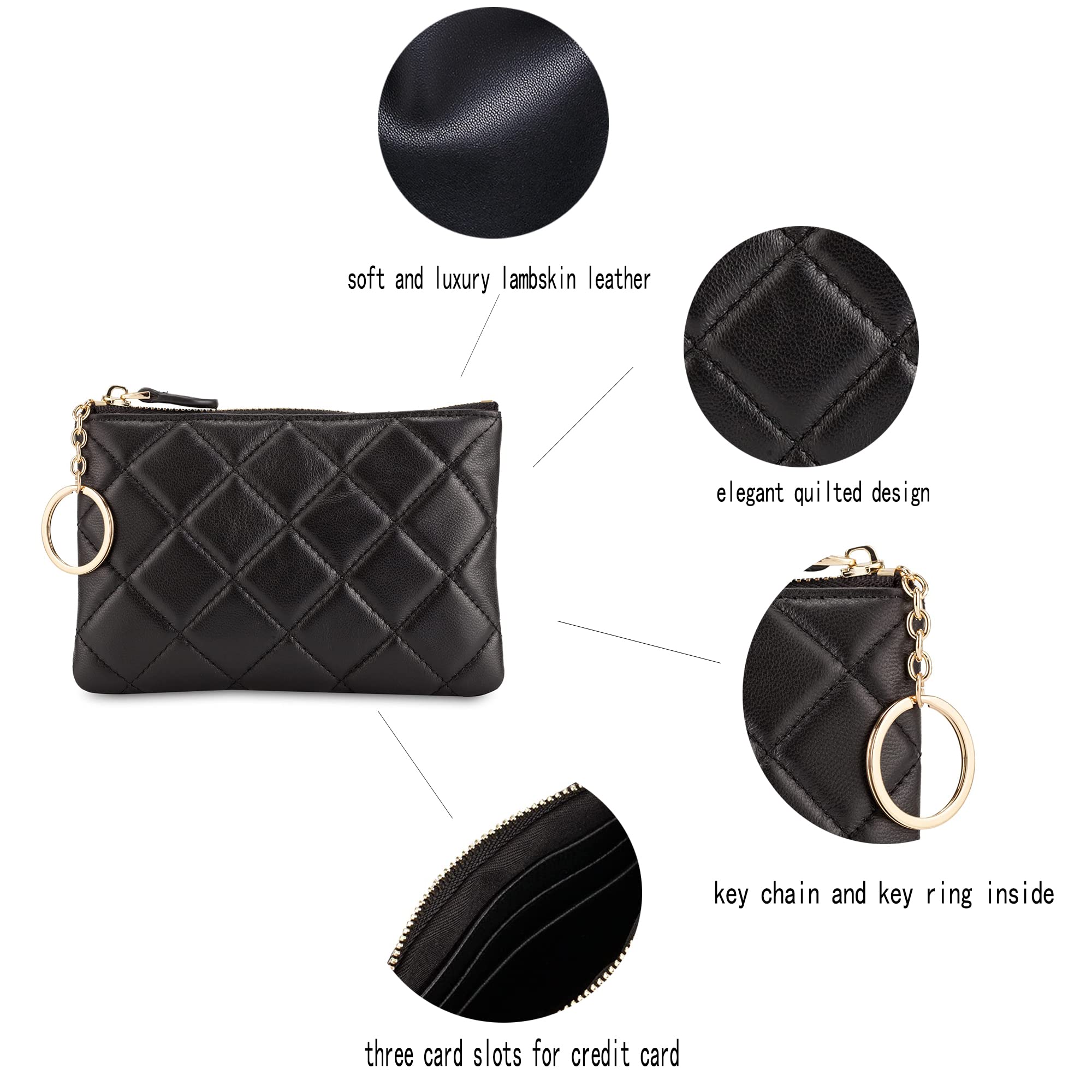 DORIS&JACKY Soft Lambskin Leather Coin Purse Small Quilted RFID Blocking Top Zipper Wallet With Keychain (Black)