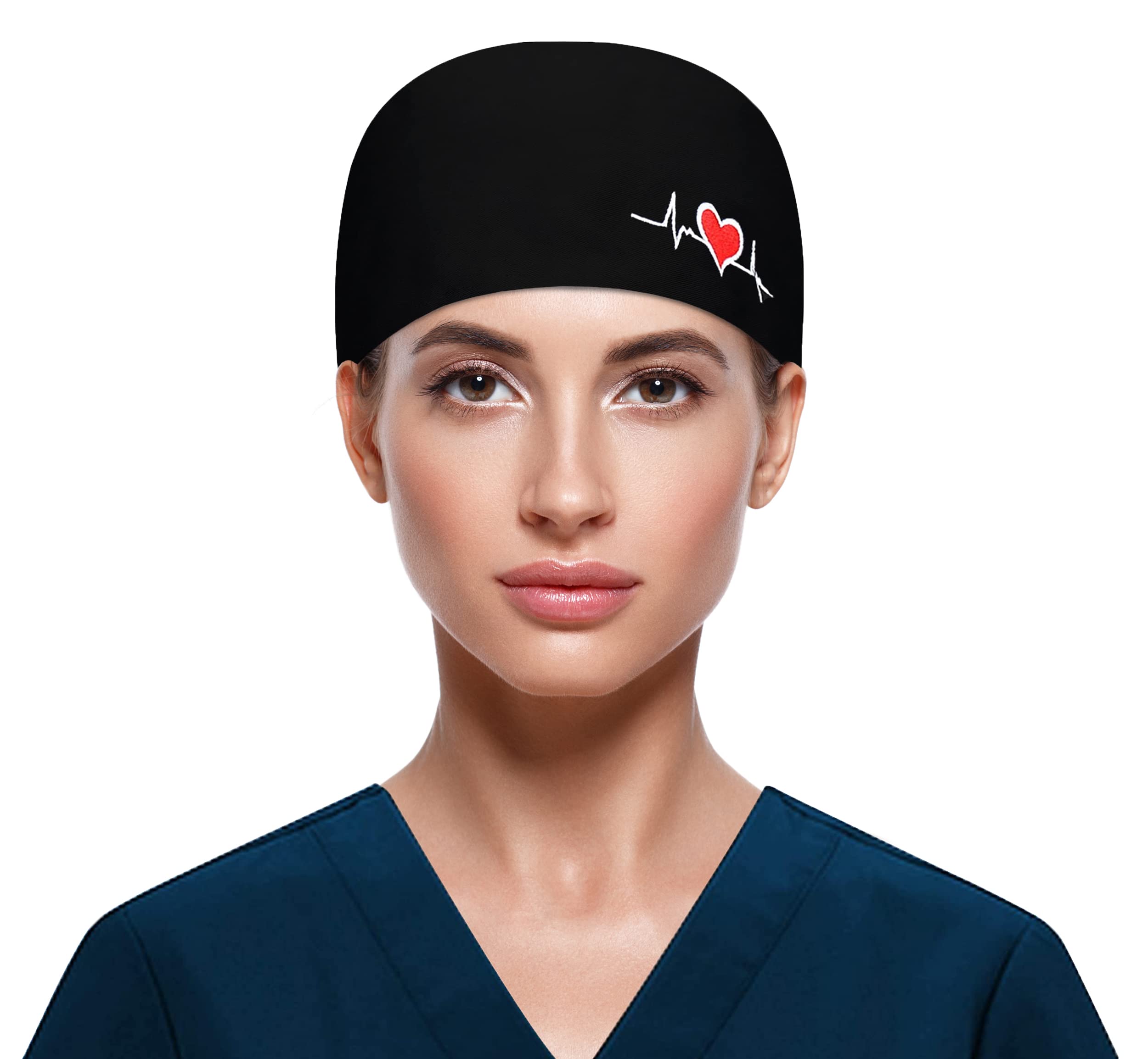 Fesciory Adjustable Working Caps with Button & Sweatband, Elastic Bandage Tie Back Hats for Women(Heart Ecg)