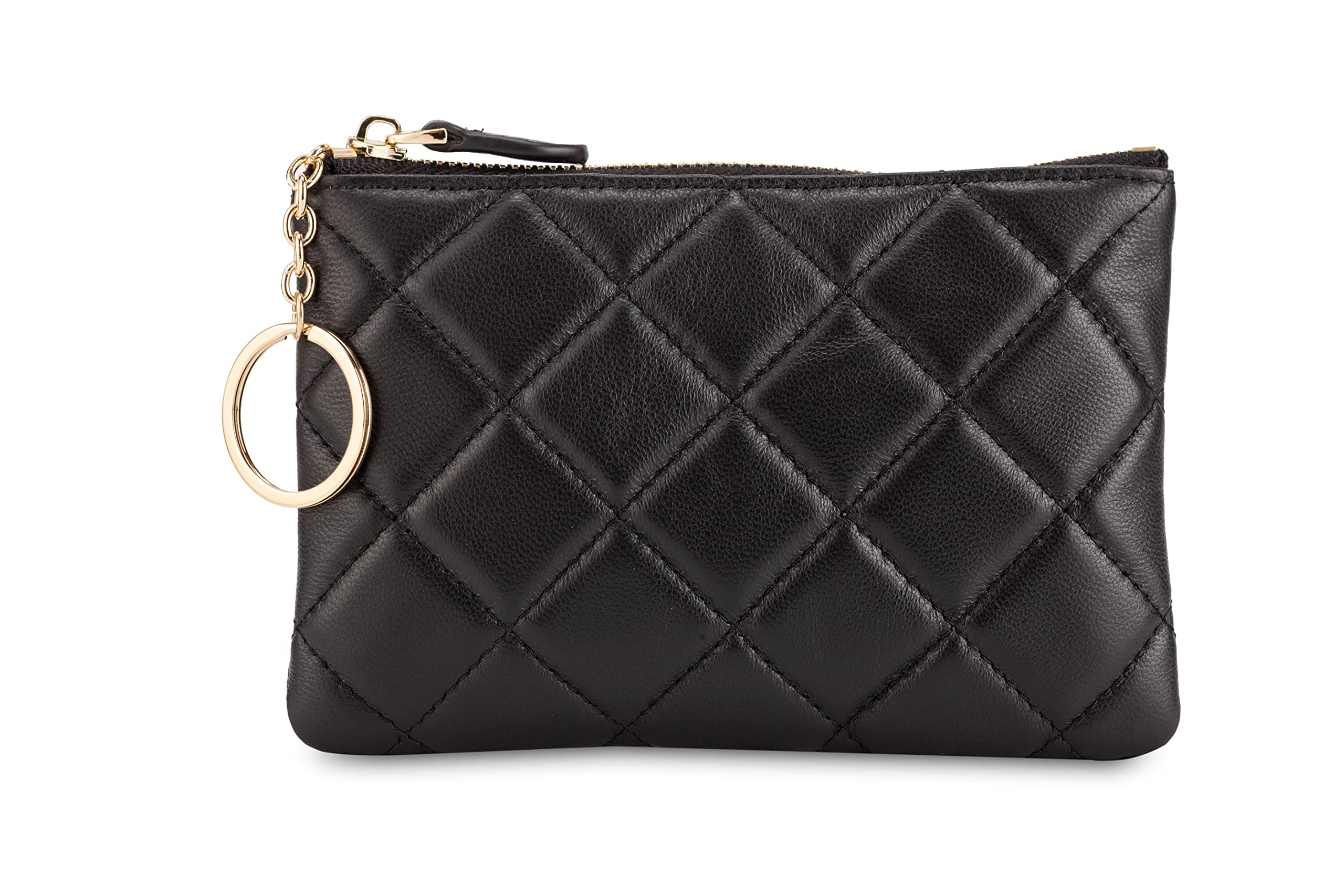 DORIS&JACKY Soft Lambskin Leather Coin Purse Small Quilted RFID Blocking Top Zipper Wallet With Keychain (Black)