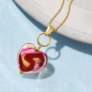 Ross-Simons Italian Red and Pink Murano Glass Heart Necklace in 18kt Gold Over Sterling. 18 inches