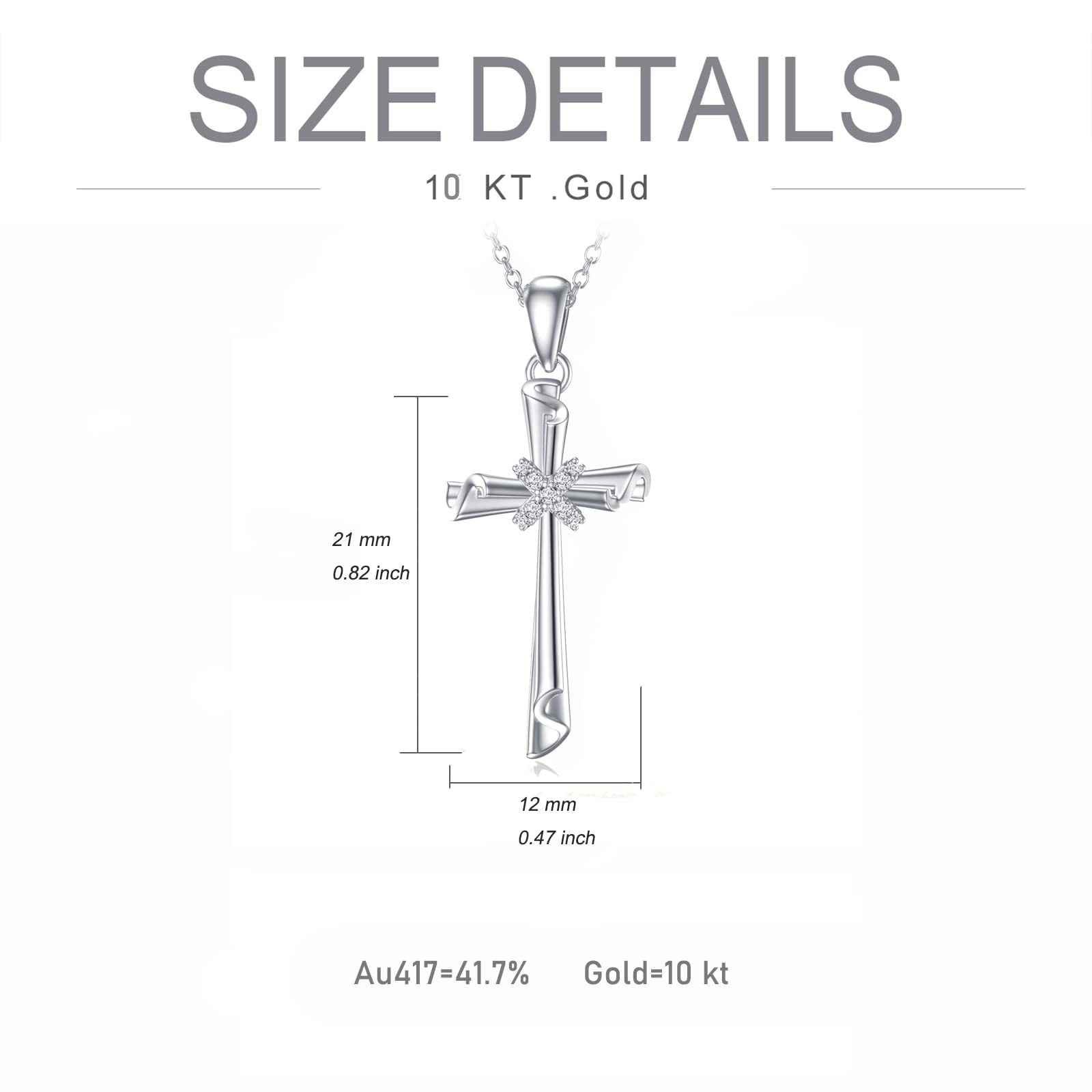 SISGEM 10K Real Gold Cross Necklace for Women Teen Girls, White Gold Cubic Zirconia Cross Pendant Necklace Cross Jewerly Gifts for Birthday Christmas 16+1+1 inch (10K-White)