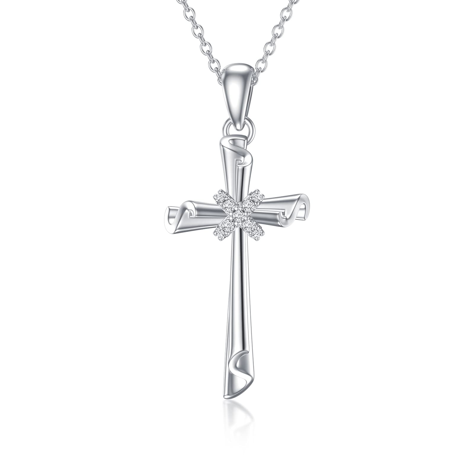 SISGEM 10K Real Gold Cross Necklace for Women Teen Girls, White Gold Cubic Zirconia Cross Pendant Necklace Cross Jewerly Gifts for Birthday Christmas 16+1+1 inch (10K-White)