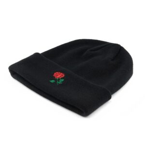 AUNG CROWN Beanie Rose Embroidered Knit Hats Caps for Men Women Black (Beanie) (Beanie-Fold)