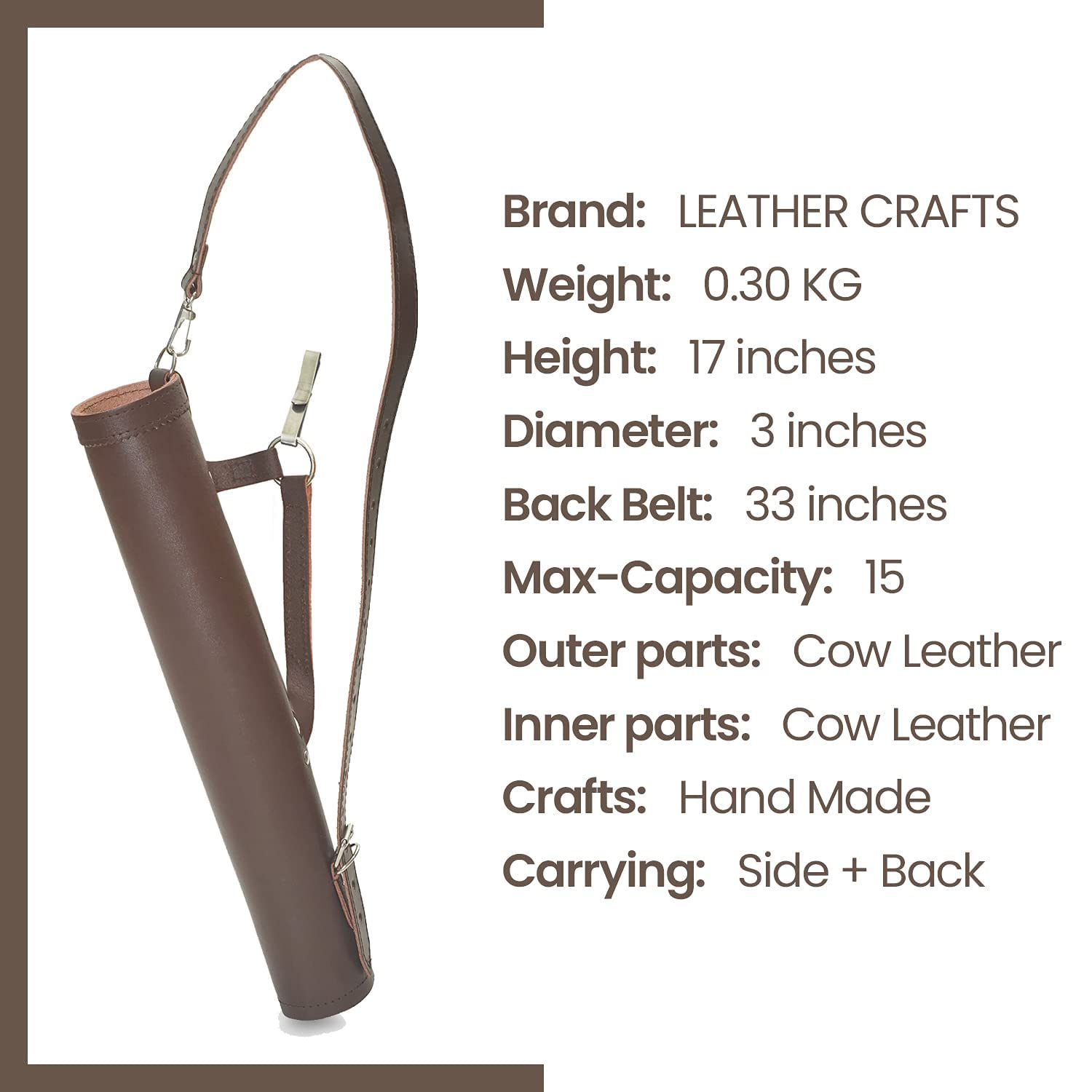 Leather Crafts Archery Back Arrow Quiver -Genuine Leather Arrow Quiver-Traditional Handmade Quiver for Arrows for Hunting & Target Practicing-Adjustable Lightweight & Comfortable (Brown, Cow Leather)