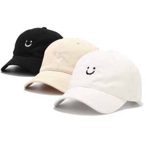 umeepar 3 pack smile face cotton baseball cap adjustable low profile unstructured dad hat for men women (black, white, beige)